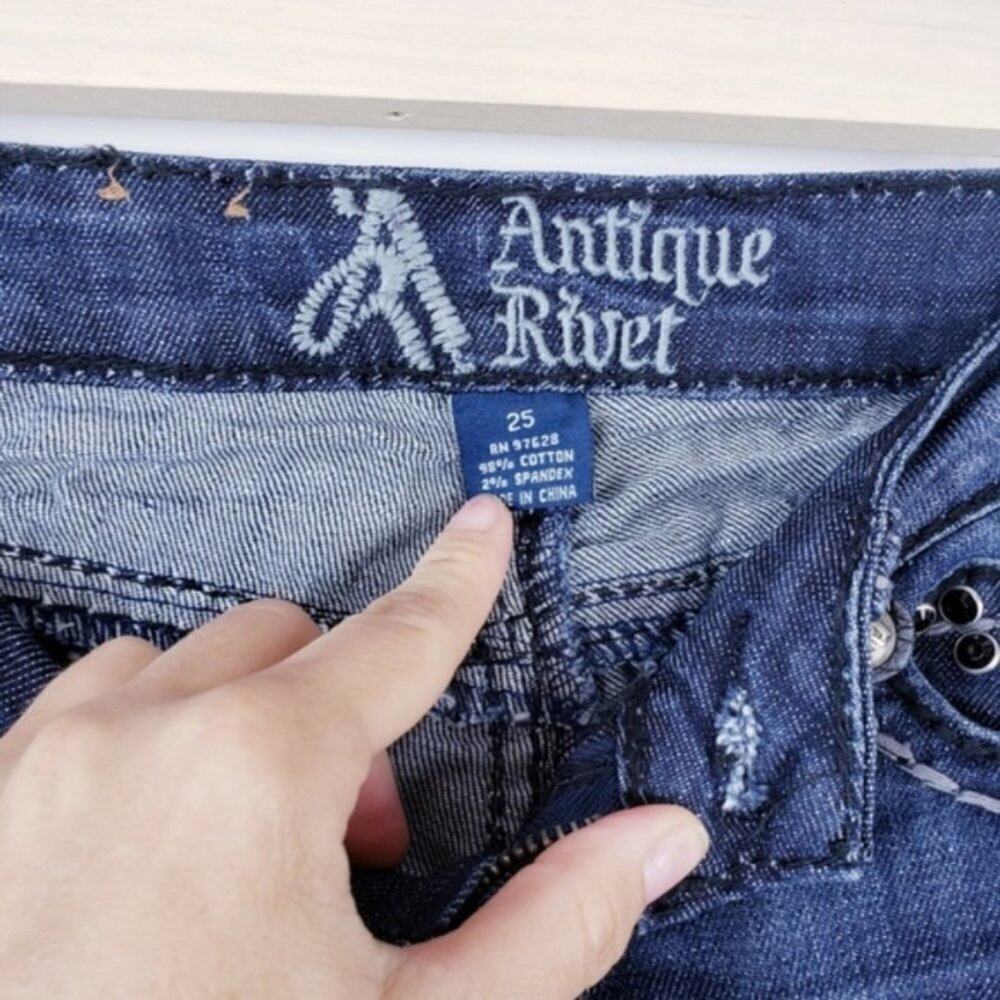 Buckle Antique Rivet Factory Distressed Rhinestone Pocket Boot Cut Low Rise Jean - Picture 6 of 6